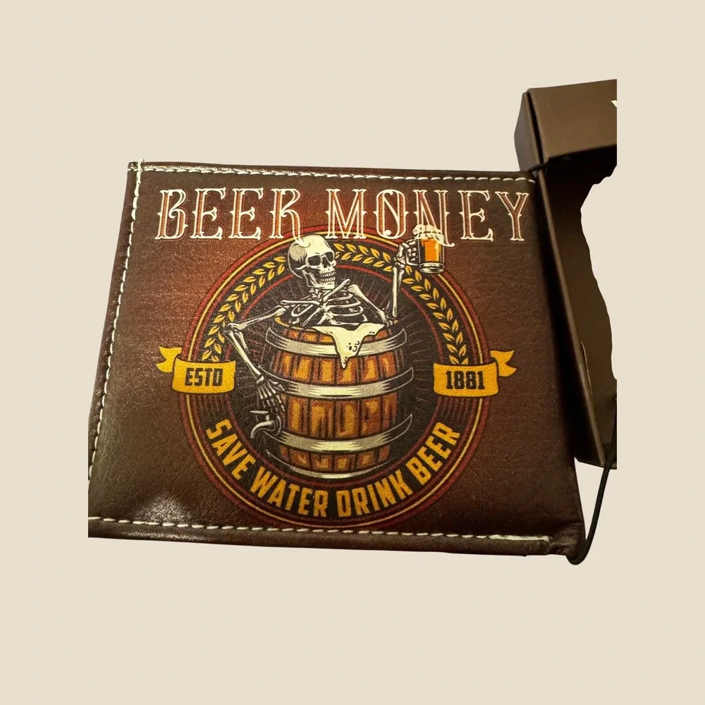Beer Money Handcrafted Vegan Leather Bifold Wallet Skeleton Graphic Brown Black